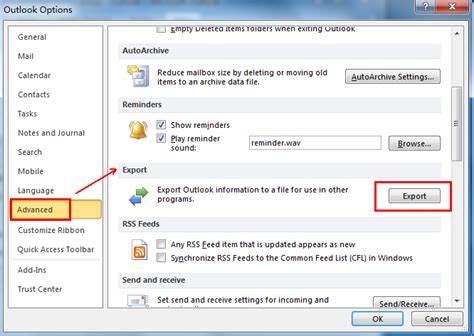 Export emails, contacts, and calendar items to Outlook using a .